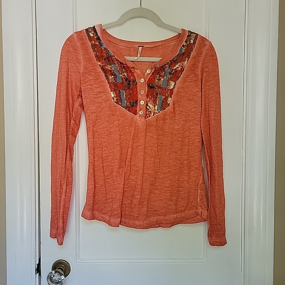 Free People Long Sleeve Sequin Top Womens Size S